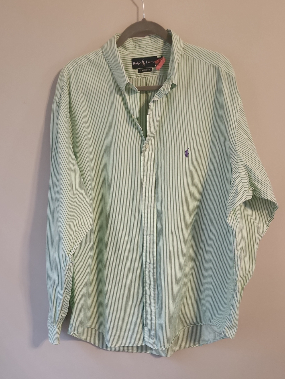Ralph Lauren Light Green and White Striped Button-Down Shirt